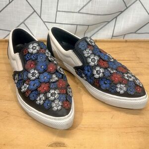 COACH Chack Blue & Red Flower Embellished 3D Leather Women's  Size 8 Flats